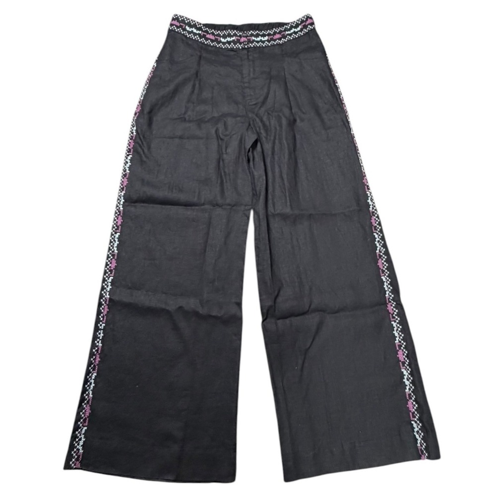 Johnny Was Black Linen Wide Leg Embroidered Boho Resort Pants Womens L Pull On